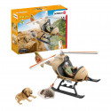 Helicóptero de salvamento de animales de juguete Schleich rescatando a una cría de hipopótamo de un león.