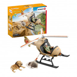 Helicóptero de salvamento de animales de juguete Schleich rescatando a una cría de hipopótamo de un león.