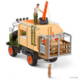 Camión de juguete de salvamento de animales Schleich con figura de veterinario de safari y leona