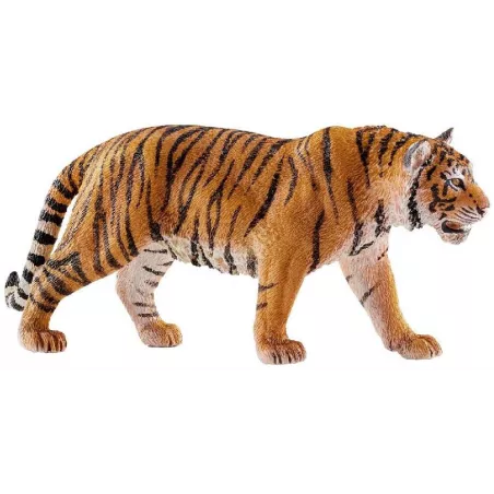 Figura de tigre de juguete Schleich pintada a mano con gran realismo y detalle para niños y coleccionistas.