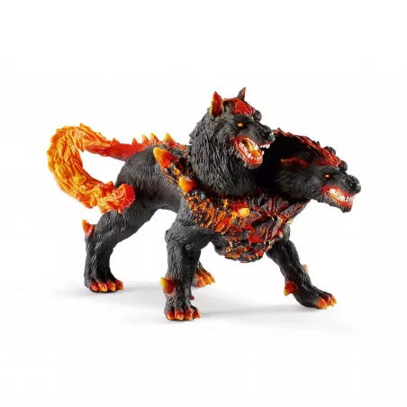 Figura de juguete Cancerbero de Schleich, criatura mitológica de lava con dos cabezas y cola de látigo.