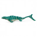 Figura de juguete de mosasaurio Schleich con mandíbula articulada y detalles realistas prehistóricos.