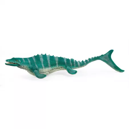 Figura de juguete de mosasaurio Schleich con mandíbula articulada y detalles realistas prehistóricos.