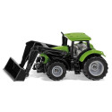 Tractor de juguete Deutz-Fahr verde con cargador frontal móvil y neumáticos de goma Siku.