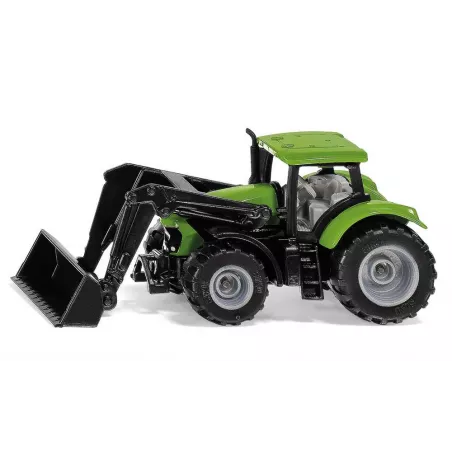 Tractor de juguete Deutz-Fahr verde con cargador frontal móvil y neumáticos de goma Siku.