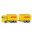 Camión de juguete DHL amarillo con remolque acoplable de metal y plástico
