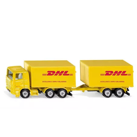 Camión de juguete DHL amarillo con remolque acoplable de metal y plástico