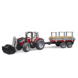 Tractor de juguete Massey Ferguson 7480 con pala cargadora frontal y remolque rojo a escala 1:16.