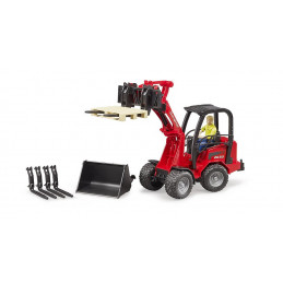 Cargadora articulada de juguete Schäffer Compact 2034 de Bruder a escala 1:16 con figura y pala funcional.