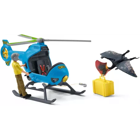 Helicóptero de rescate Schleich con dinosaurio tapejara y cañón de red de juguete.