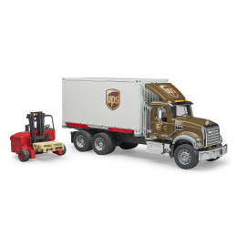 Camión de juguete MACK Granite de UPS a escala 1:16 con carretilla elevadora funcional.
