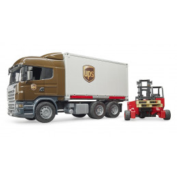 Camión de juguete Scania UPS a escala 1:16 con plataforma intercambiable y carretilla elevadora.