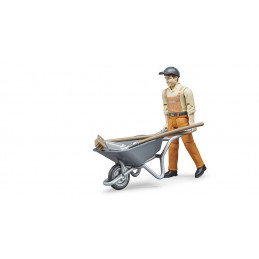 Set de trabajador municipal Bruder con figura articulada, carretilla, pala y escoba de juguete.