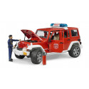 Jeep Wrangler de bomberos de juguete Bruder con figura de bombero y luces de emergencia.