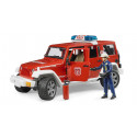 Jeep Wrangler de bomberos de juguete Bruder con figura de bombero y luces de emergencia.
