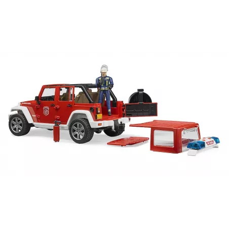 Jeep Wrangler de bomberos de juguete Bruder con figura de bombero y luces de emergencia.
