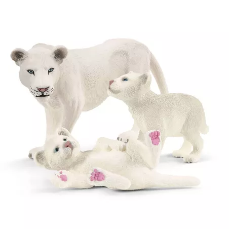 Figura Schleich de leona blanca con cachorros, juguete infantil detallado y pintado a mano.