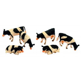 Set de 6 vacas de juguete a escala 1:32 en diferentes posturas para maquetas y dioramas de granjas.