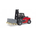 Carretilla elevadora Linde HT160D de juguete Bruder a escala 1:16 con palé y tres cajas de rejilla.