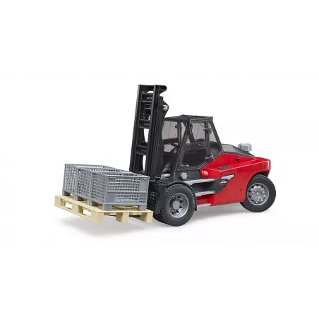 Carretilla elevadora Linde HT160D de juguete Bruder a escala 1:16 con palé y tres cajas de rejilla.