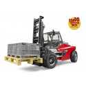 Carretilla elevadora Linde HT160D de juguete Bruder a escala 1:16 con palé y tres cajas de rejilla.