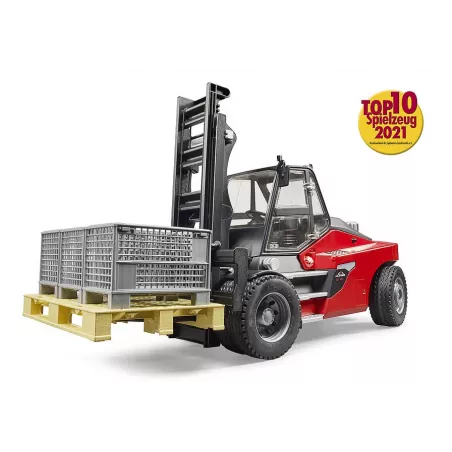 Carretilla elevadora Linde HT160D de juguete Bruder a escala 1:16 con palé y tres cajas de rejilla.