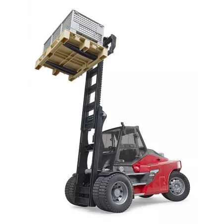Carretilla elevadora Linde HT160D de juguete Bruder a escala 1:16 con palé y tres cajas de rejilla.