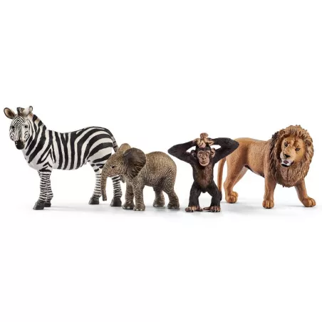 Set de iniciación Wild Life de Schleich con figuras realistas de león, cebra, cría de elefante y chimpancé.