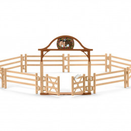 Dehesa de juguete modular para caballos Schleich con puerta de entrada practicable.