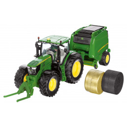 Tractor John Deere 6210R a escala 1:32 con rotoempacadora Siku de metal y plástico.