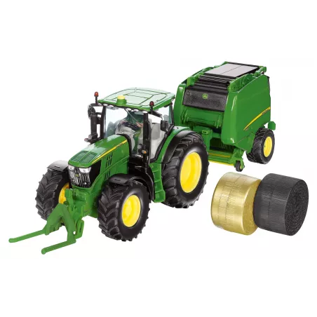 Tractor John Deere 6210R a escala 1:32 con rotoempacadora Siku de metal y plástico.
