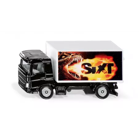 Camión de juguete Sixt con caja cerrada de metal y plástico resistente.