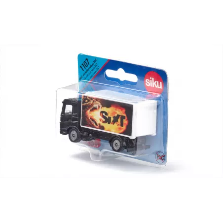 Camión de juguete Sixt con caja cerrada de metal y plástico resistente.