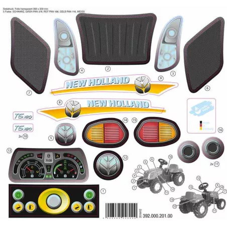 Set de pegatinas oficiales de repuesto para tractor de juguete RollyKid New Holland.