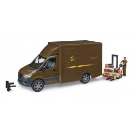 Furgoneta de juguete Mercedes Benz Sprinter de UPS a escala 1:16 con figura de repartidor y accesorios Bruder.
