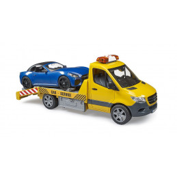 Portacoches de juguete Mercedes-Benz Sprinter de Bruder a escala 1:16 con luces, sonido y coche deportivo Roadster.