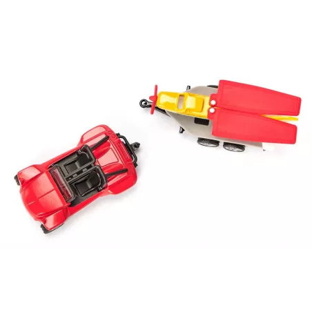 Buggy de juguete de metal con remolque y avión deportivo Siku de alas plegables.