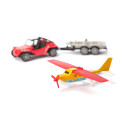 Buggy de juguete de metal con remolque y avión deportivo Siku de alas plegables.