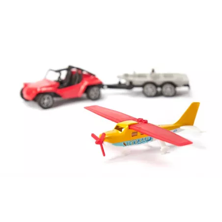 Buggy de juguete de metal con remolque y avión deportivo Siku de alas plegables.
