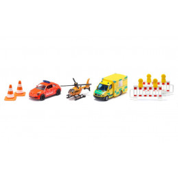 Set de rescate de juguete Siku con ambulancia, helicóptero y furgoneta de emergencias.