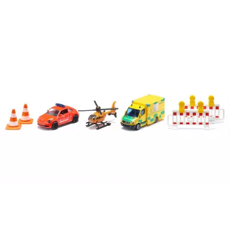 Set de rescate de juguete Siku con ambulancia, helicóptero y furgoneta de emergencias.