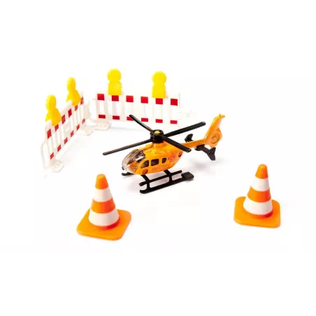 Set de rescate de juguete Siku con ambulancia, helicóptero y furgoneta de emergencias.