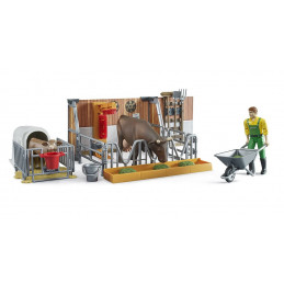 Establo de vacas y terneros de juguete bworld Bruder con figura de agricultor y accesorios a escala 1:16.