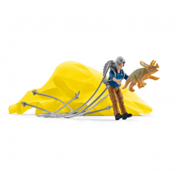 Set de juguete de rescate de dinosaurios con paracaídas funcional y figura de bebé Triceratops.