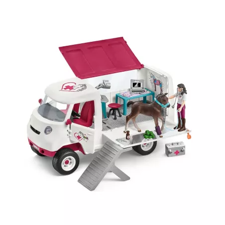 Veterinaria móvil de Schleich con figura articulada, accesorios y potro hannoveriano de juguete.