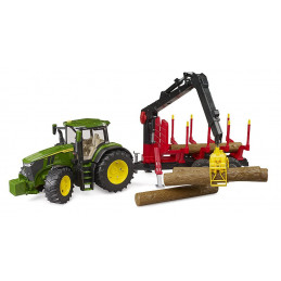 Tractor de juguete John Deere 7R 350 a escala 1:16 con remolque forestal y cuatro troncos de madera Bruder.