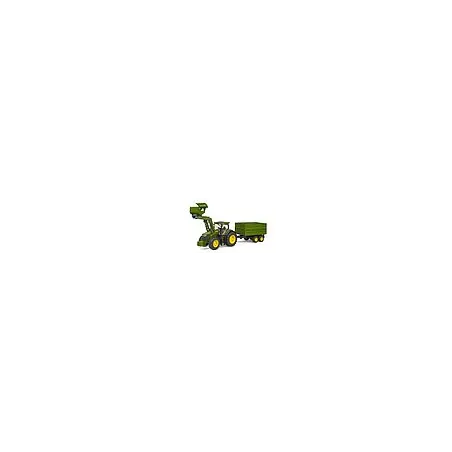 Tractor de juguete John Deere 7R 350 con pala frontal y remolque basculante Bruder.