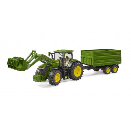Tractor de juguete John Deere 7R 350 con pala frontal y remolque basculante Bruder.