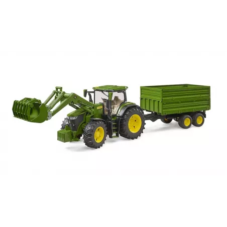 Tractor de juguete John Deere 7R 350 con pala frontal y remolque basculante Bruder.