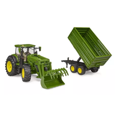 Tractor de juguete John Deere 7R 350 con pala frontal y remolque basculante Bruder.